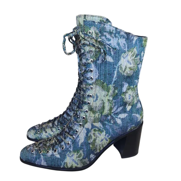 Jeffrey Campbell Hastings Blue Green Floral Tapestry Victorian Boots Lace Up - Picture 16 of 16